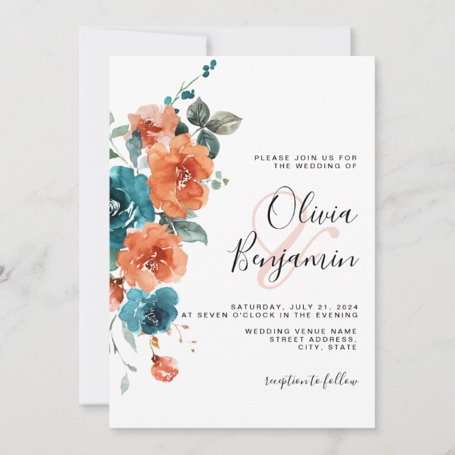 Invitación Naranja quemado Verde azulado floral elegante Boda (Anverso)