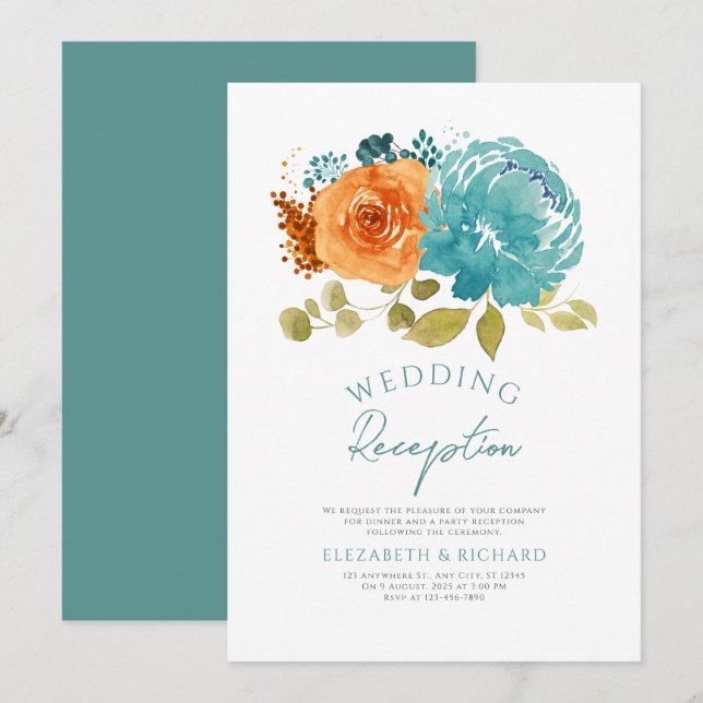 Invitación Naranja quemado verde azulado Floral Fall Wedding  (Anverso / Reverso)