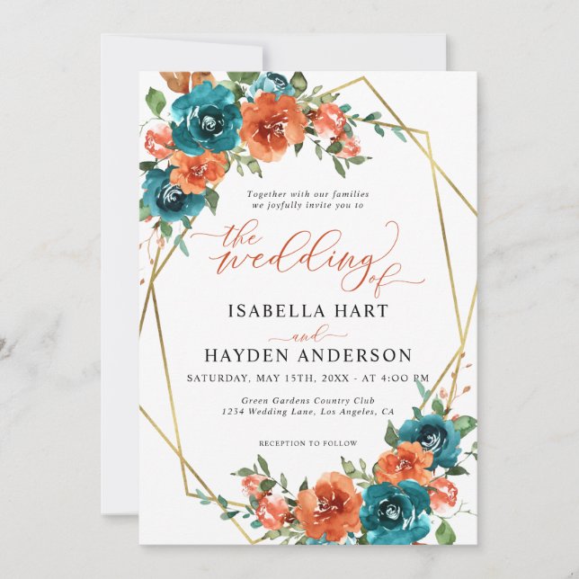 Invitación Naranja quemado verde azulado Floral Gold Boho Bod (Anverso)