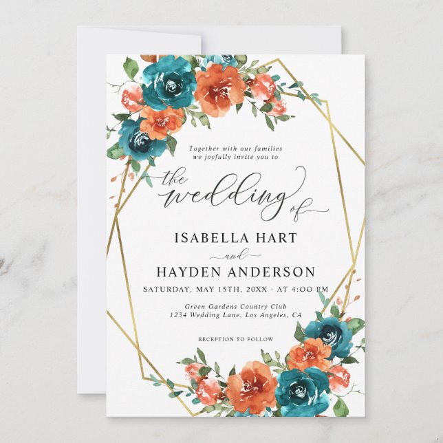 Invitación Naranja quemado verde azulado Floral Gold Frame Bo (Anverso)