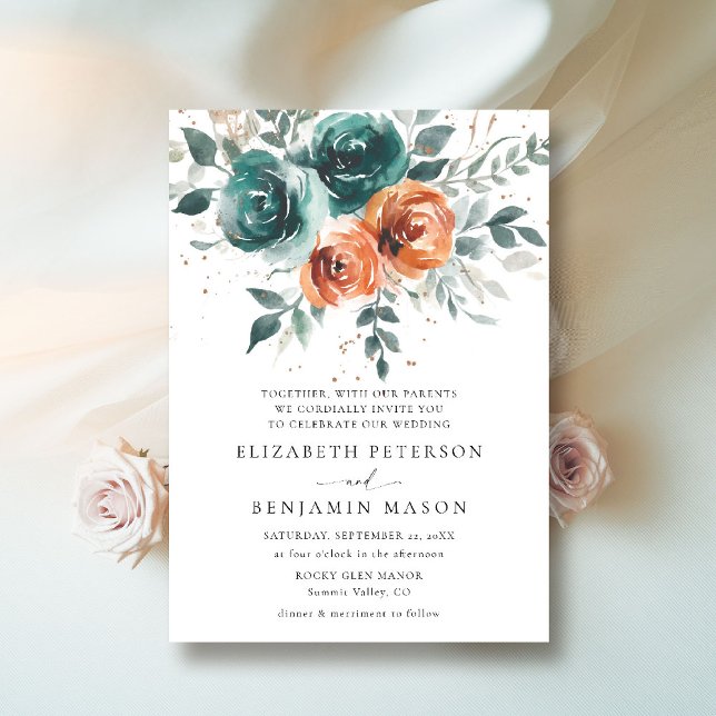 Invitación Naranja quemado Verde azulado otoño Boda bohemio f (fall wedding invitation teal burnt orange terracotta watercolor whimsical floral elegant boho)