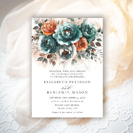 Invitación Naranja quemado Verde azulado otoño Floral Bouquet