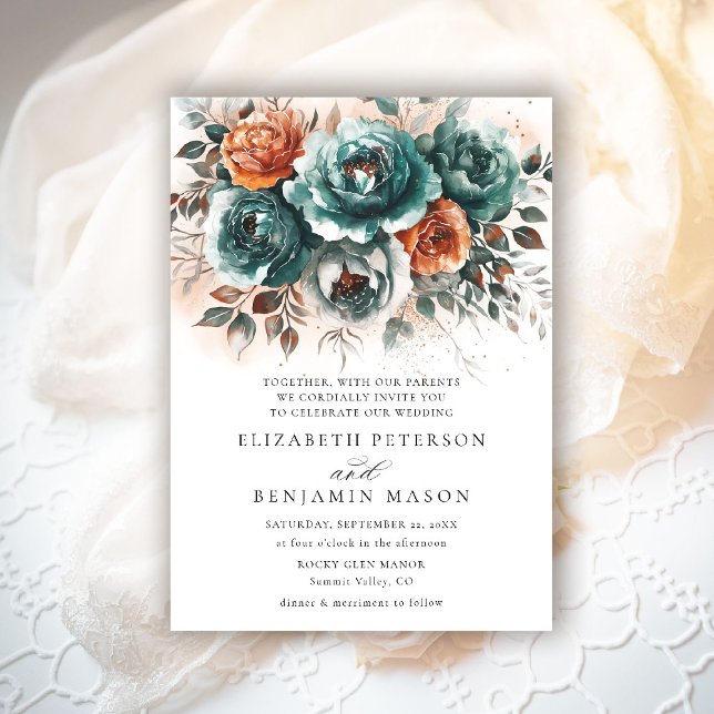 Invitación Naranja quemado Verde azulado otoño Floral Bouquet (fall wedding invitation teal burnt orange terracotta watercolor whimsical floral elegant rustic chic)