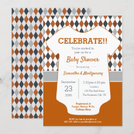 Invitación Naranja quemado y Baby Shower gris con patrones de