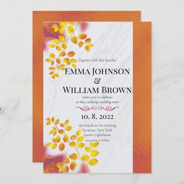 Invitación Naranja quemado y Boda de Borgoña (Anverso / Reverso)