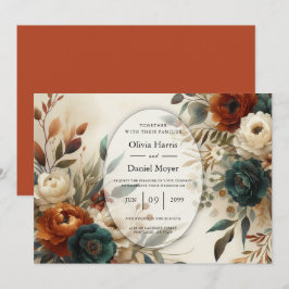 Invitación Naranja quemado y Boda de Flores de Caída Azul