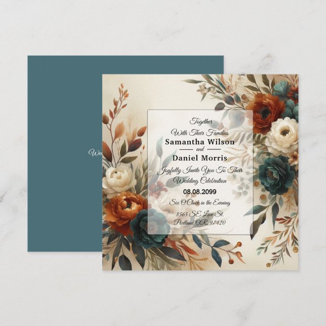 Invitación Naranja quemado y Boda de Flores de Caída Azul (Anverso / Reverso)
