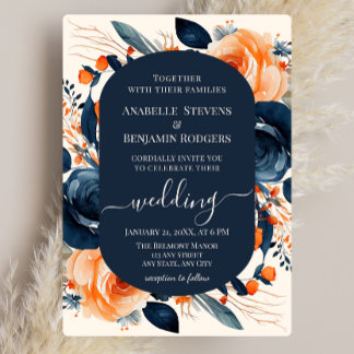 Invitación Naranja quemado y Boda floral azul con código QR