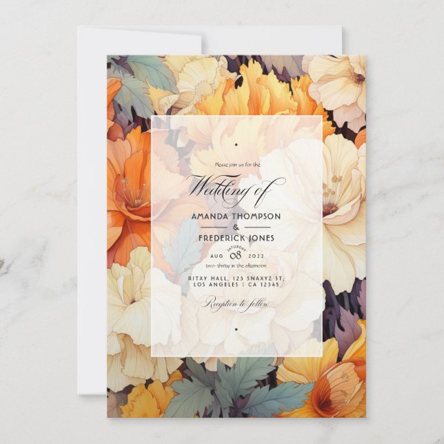Invitación Naranja quemado y Boda floral crema (Anverso)