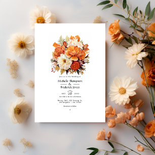 Invitación Naranja quemado y Boda floral crema