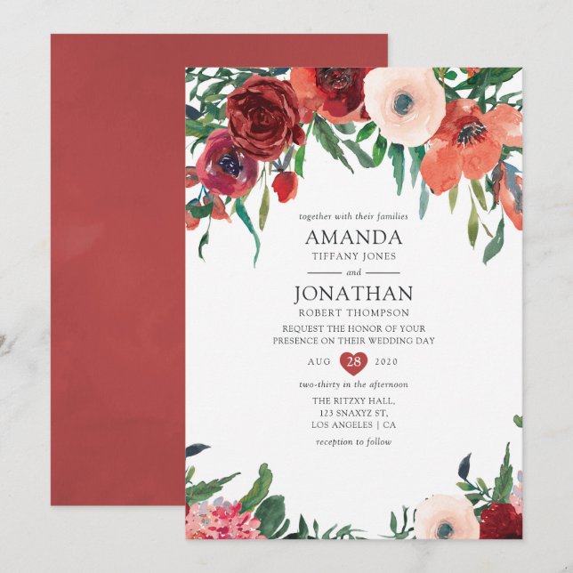 Invitación Naranja quemado y Boda floral de Rubor (Anverso / Reverso)