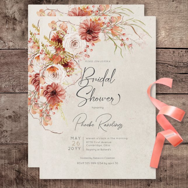 Invitación Naranja quemado y ducha de novia floral de Cream B (Burnt Orange & Cream Boho Floral Bridal Shower Invitation)