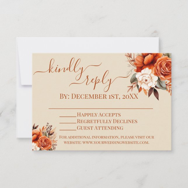 Invitación Naranja quemado y RSVP floral de óxido (Anverso)