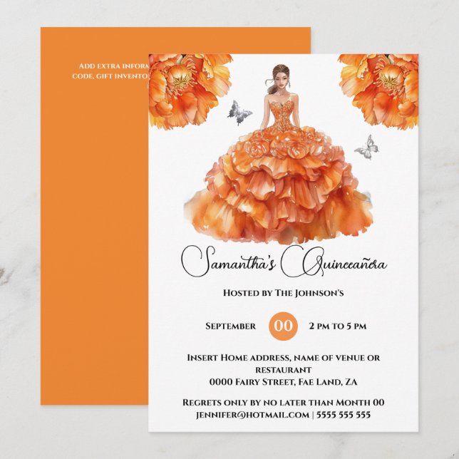 Invitación Naranja Quinceañera baile peony flores florales (Anverso / Reverso)