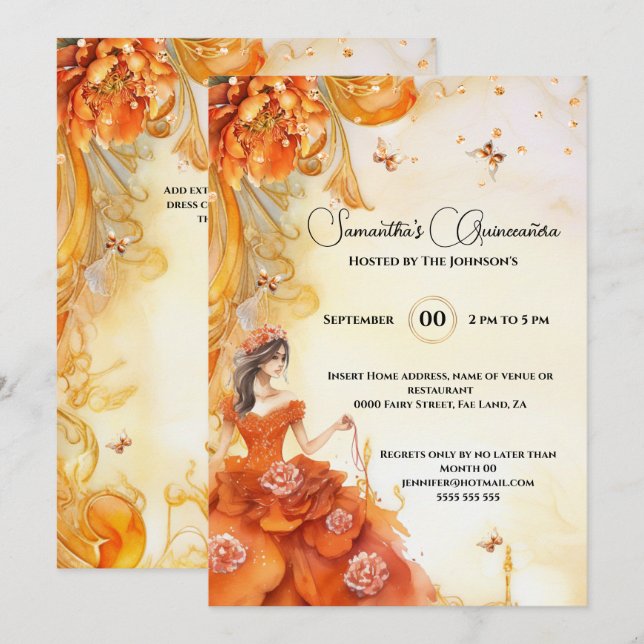 Invitación Naranja Quinceañera flores de baile peony (Anverso / Reverso)