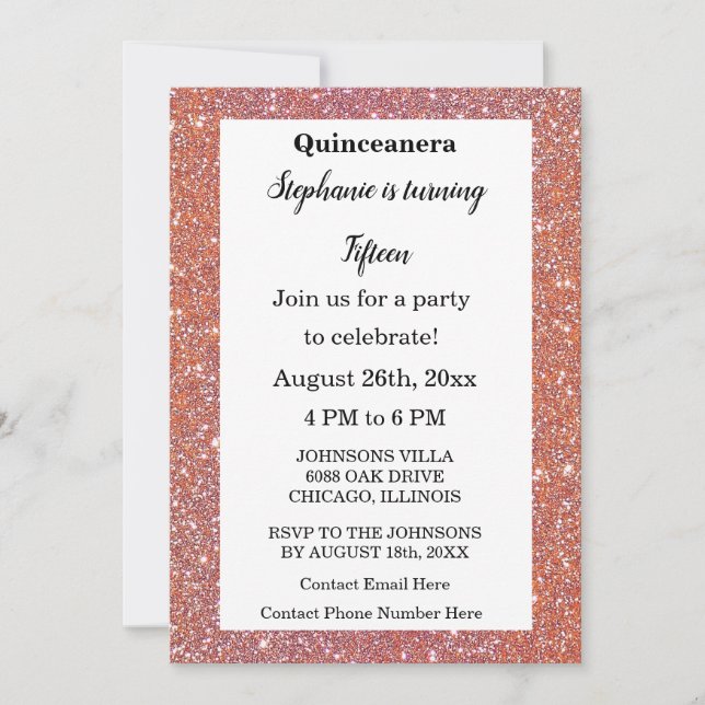 Invitación Naranja Quinceanera Purpurina Rosa 15ª Cuta de Cum (Anverso)