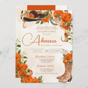 Invitación Naranja Quinceanera Rosas Vintage Charro Western