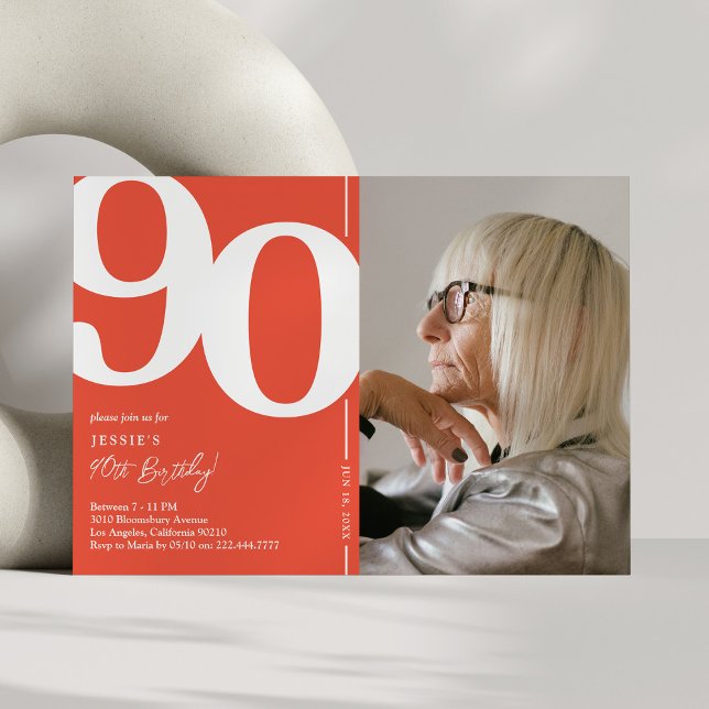 Invitación Naranja Red Photo 90th Birthday Party (Subido por el creador)
