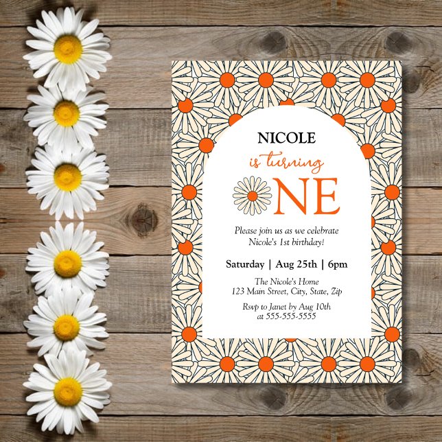 Invitación Naranja Reddish Daisies Floral Arch 1er cumpleaños (Subido por el creador)