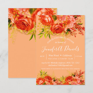 Invitación Naranja Relieve metalizado dorado  Rosas duchas de