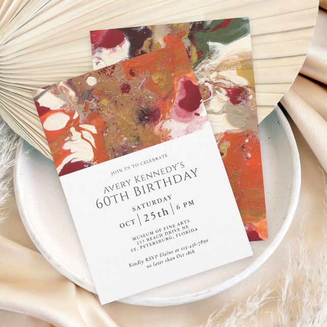 Invitación Naranja Resumen Boho 60th Birthday Party (An artful abstract 60th birthday invitation for the modern contemporary.)