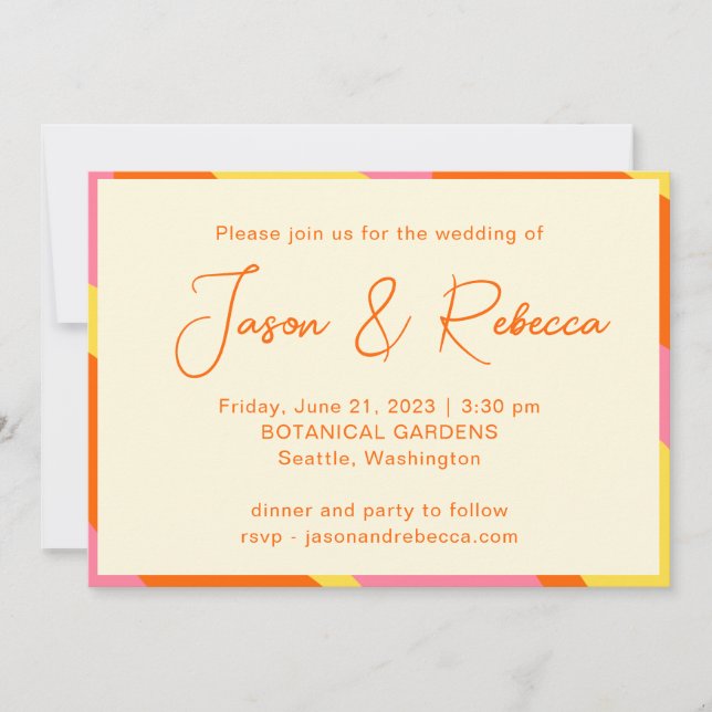 Invitación Naranja Retro 70 Rosa Amarillo todo en un Boda (Anverso)