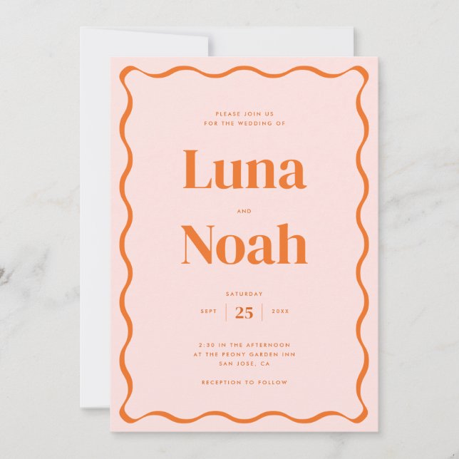 Invitación Naranja retro Boda rojo ondulado (Anverso)