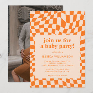 Invitación Naranja retro Checkerboard Baby Shower Photo