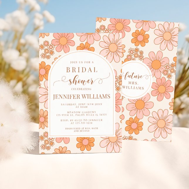 Invitación Naranja retro Daisy Floral Boho Arch Bridal Shower (Subido por el creador)