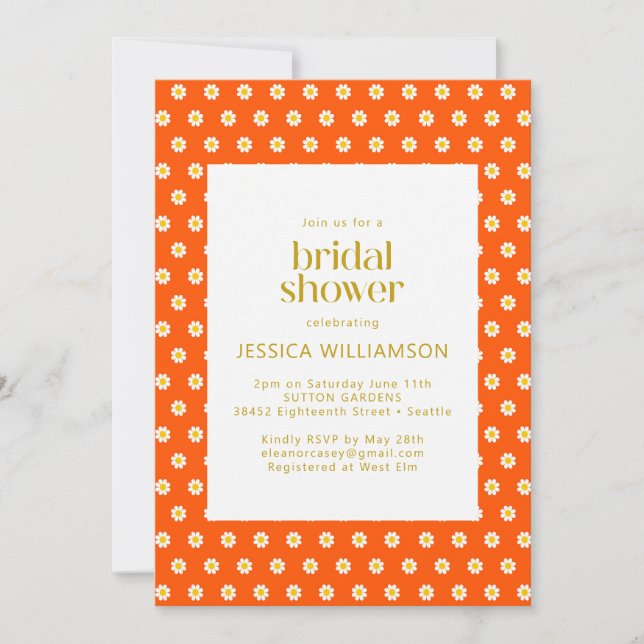 Invitación Naranja retro Daisy Flowers Cute Bridal Shower (Anverso)