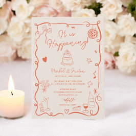 Invitación Naranja retro dibujado a mano boda fotográfico ilu