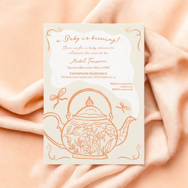 Invitación Naranja retro dobla tetera el bebé se está prepara (Retro orange bows teapot baby is brewing shower invitation)