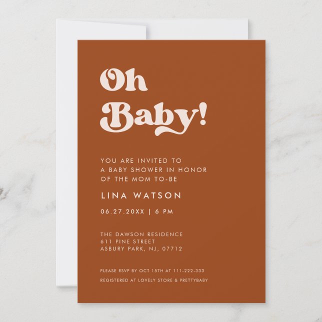 Invitación Naranja retro elegante quemado Oh bebé (Anverso)