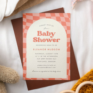 Invitación Naranja Retro Groovy 70 Checkerboard Baby Shower