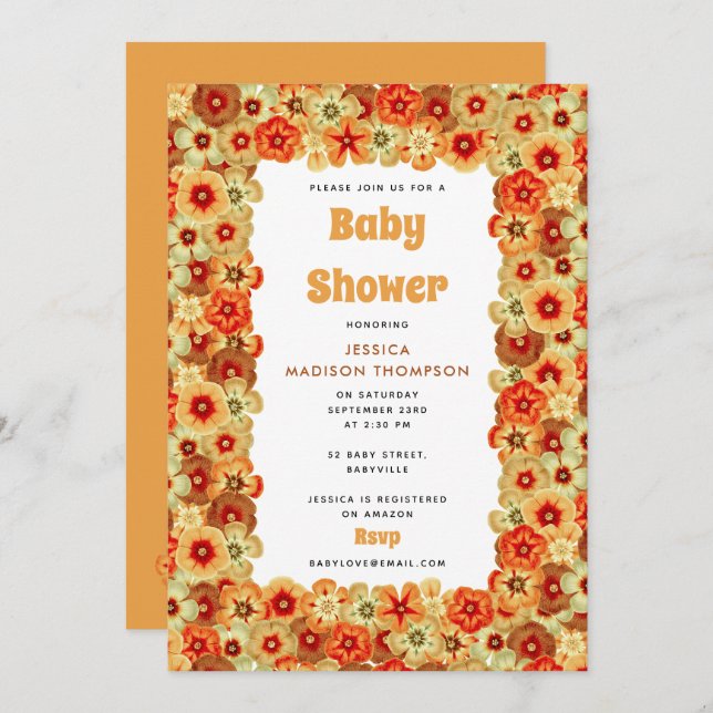 Invitación Naranja retro Groovy Flores hippie Baby Shower (Anverso / Reverso)