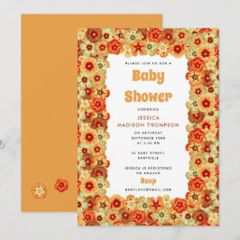 Invitación Naranja retro Groovy Flores hippie Baby Shower