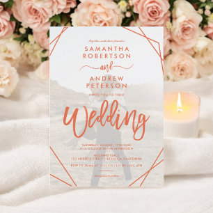 Invitación Naranja retro marco simple boda de guión de foto