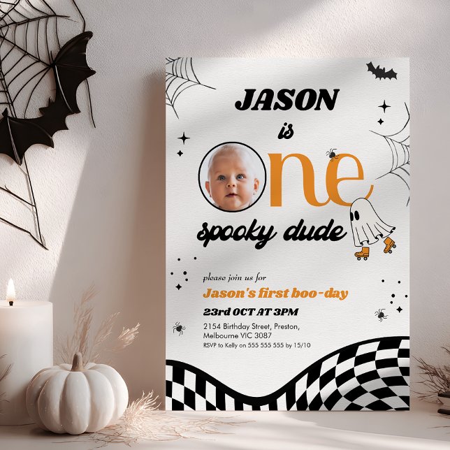 Invitación Naranja Retro Negro Un Hombre Tonto Primer Cumplea (Retro One Spooky Dude 1st Birthday Invitation, Spooky One Halloween First Birthday Invitation)