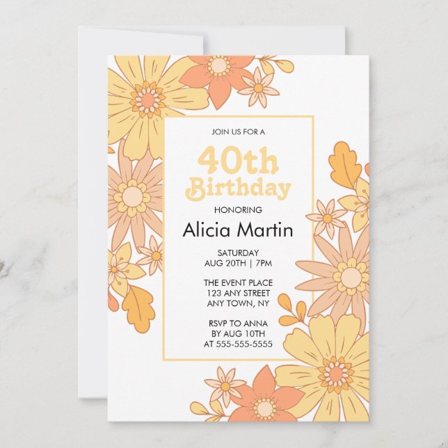 Invitación Naranja Retro Peach Flora Groovy 40 cumpleaños (Anverso)