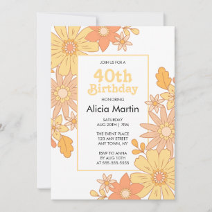 Invitación Naranja Retro Peach Flora Groovy 40 cumpleaños