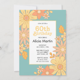 Invitación Naranja Retro Peach Flora Groovy Cumpleaños 60