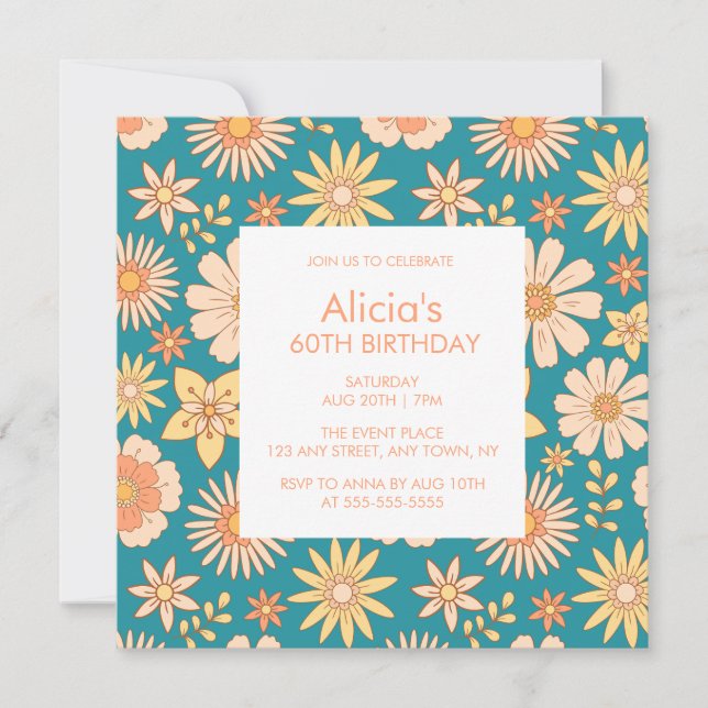 Invitación Naranja Retro Peach Flora Verde 60 cumpleaños (Anverso)