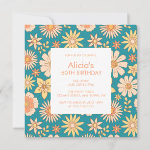 Invitación Naranja Retro Peach Flora Verde 60 cumpleaños