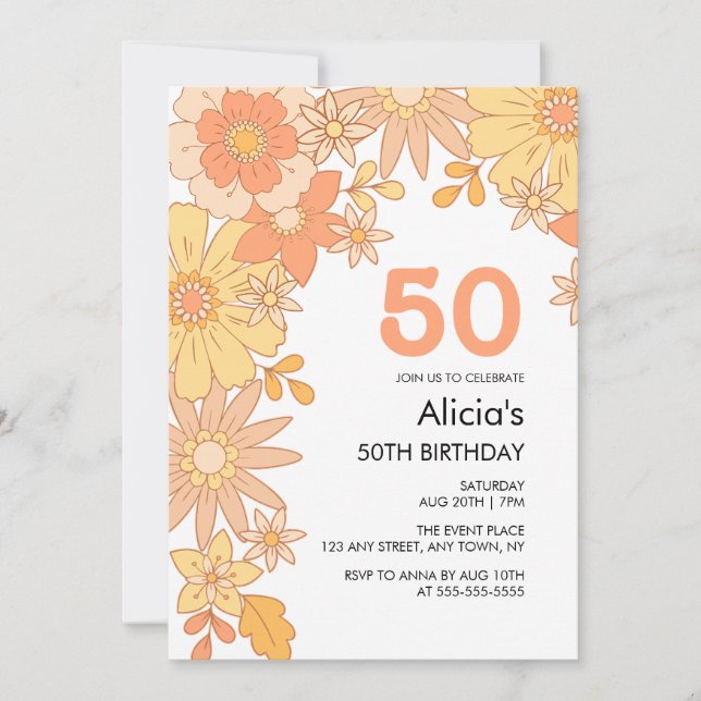 Invitación Naranja Retro Peach Flower Groovy 50 cumpleaños (Anverso)