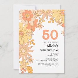 Invitación Naranja Retro Peach Flower Groovy 50 cumpleaños