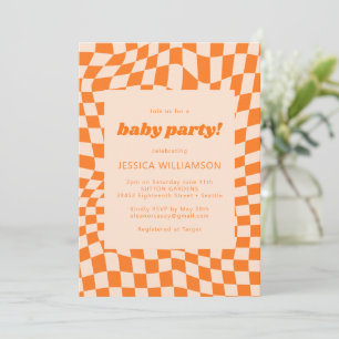 Invitación Naranja retro Resumen Checkerboard Baby Fiesta
