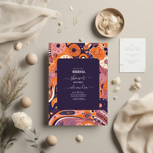 Invitación Naranja retro rubor rosa púrpura groovy nupcial