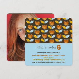 Invitación Naranja retro Tulips Fun Chica de fotografía Cumpl
