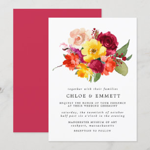 Invitación Naranja Rojo Borgoña Boda Floral Rosa Amarillo