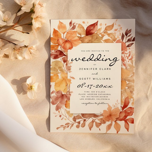 Invitación Naranja rojo burdeos marrón deja boda de otoño (Brown burgundy red orange leaves Autumn wedding)
